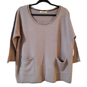 Kaily K Womens Pullover Sweater Size L Taupe Boxy Pockets Roll Hems Soft Knit